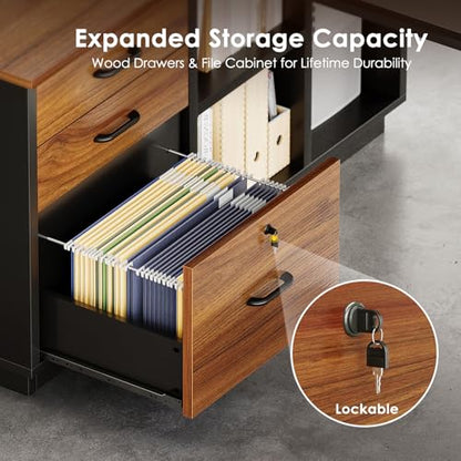 AODK 71 Inch L Shaped Executive Desk with Storage, Walnut+ Black | Computer Desk with 3 Wooden Drawers and File Cabinet, Corner Desk, Outlets, Home Office Computer Workstation - size: 71 Inch