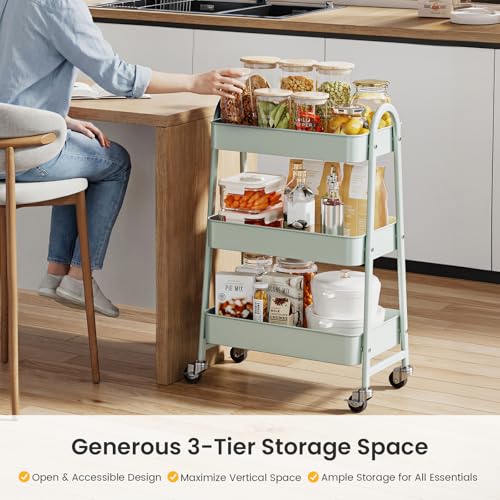 DUMOS 3 Tiers Rolling Utility Cart, Storage Organizer, Shelving Unit | Metal, Lockable Wheels, Mobile, Kitchen, Office, Bathroom, Laundry, Narrow Places, Light Green - color: 3-tier Green