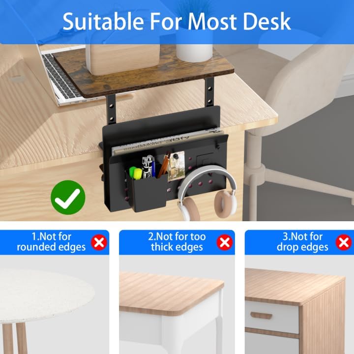 Desk Extender, Clamp On Desk Shelf Organizer, with Side Storage Steel Frame & 15 inch Wood Desktop Supplies Rack Clamp Mount Table Hanging Storage for Home Office Fits Flat Edge Tables 0.3" to 2.3"