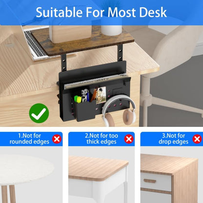 Desk Extender, Clamp On Desk Shelf Organizer, with Side Storage Steel Frame & 15 inch Wood Desktop Supplies Rack Clamp Mount Table Hanging Storage for Home Office Fits Flat Edge Tables 0.3" to 2.3"