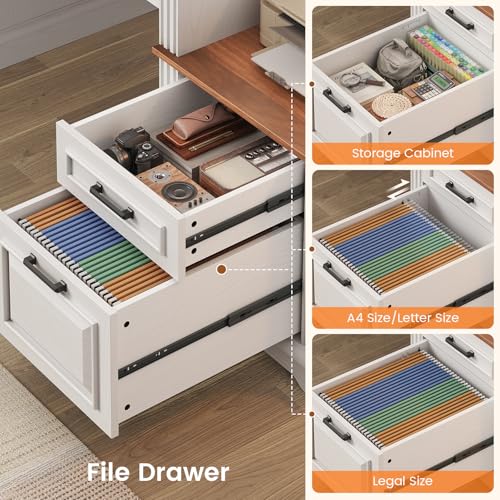 SEDETA Farmhouse Executive Desk, 62'' Home Office Desk with File Drawers, 3Drawer and Storage Cabinet, Computer Desk with Power Outlet for Home Office, Work Study Writing, White + Walnut - color: White + Walnut