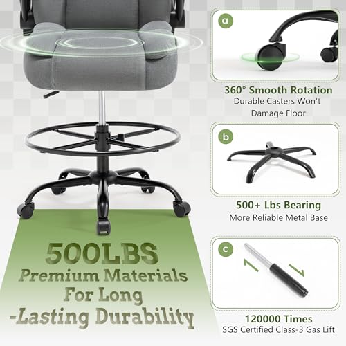 500LBS Drafting Chair, High Back Safer Standing Desk Chair, Executive Tall Office Chair with Flip-up Armrests, Upholstered Fabric Task Chair,Ergonomic Seat with Adjustable Height&Foot Ring,Light Gray - color: Light Gray