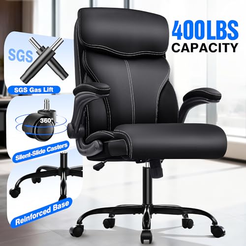 AreShark Executive Office Chair - 400lbs Heavy Duty Ergonomic Desk Chair with Comfy Cushion, High Back Breathable Leather Computer Chair with Flip-up Arms & Rocking Function for Home Office - color: Ebony