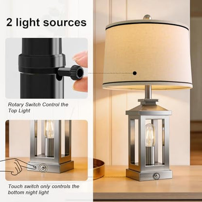 Modern Table Lamps Set of 2 for Living Room 23.75" Bedroom Nightstand Lamps | Touch Lamps with Three-level Dimming Nightlight, Bulbs Included, USB Charging Ports, Silver Modern Bedside Side Table Lamp - color: Metal Silver