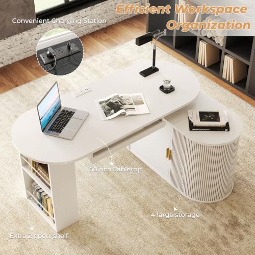 HSH 60 Inch L Shaped Computer Desk, Reversible L Desks with Storage Cabinet - color: White