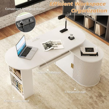 HSH 60 Inch L Shaped Computer Desk, Reversible L Desks with Storage Cabinet - color: White