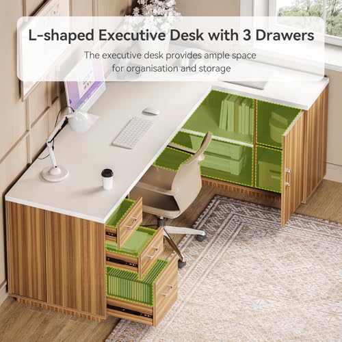 LITTLE TREE 87-Inch Modern Executive Desk with File Cabinet, Large Home Office Desk with Drawers, 3-Drawer Wooden File Cabinet, Spacious Workstation for Home Office (White & Brown) - color: White and Brown