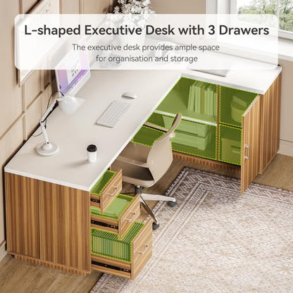 LITTLE TREE 87-Inch Modern Executive Desk with File Cabinet, Large Home Office Desk with Drawers, 3-Drawer Wooden File Cabinet, Spacious Workstation for Home Office (White & Brown) - color: White and Brown