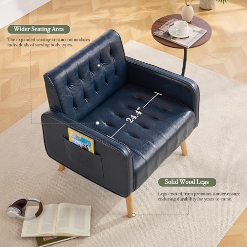 Leather Accent Chair Set of 2, Living Room Chair with Wooden Legs (Blue) | CHYMSUN, Mid-Century Modern, Tufted Backrest, Side Pocket, Cozy, Comfy Armchair, Office, Living Room, Waiting Room - color: Blue, size: 2
