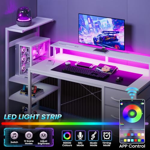 51in Gaming Computer Desk with Drawers & Power Outlet & LED Lights, White - color: White, size: 51''