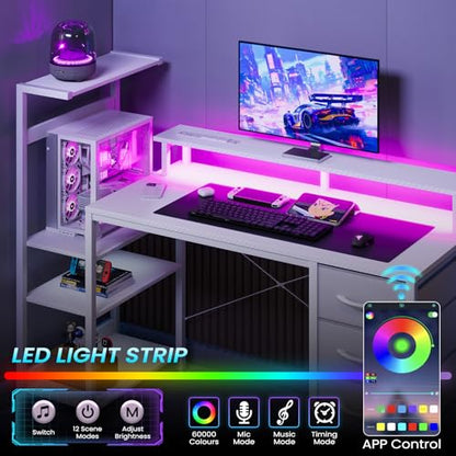 51in Gaming Computer Desk with Drawers & Power Outlet & LED Lights, White - color: White, size: 51''