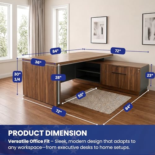 OfficeSimpli L Shaped Executive Desk with Drawers, Made in USA, 84x72x30 in - size: 84" x 72" x 30" (Credenza Left)