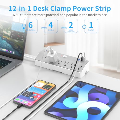 Desk Clamp Power Strip with 40W Fast Charging USB-C, JXGUCAT 10Ft Desk Mount Surge Protector with 6 Outlets 6 USB Ports, Flat Plug Extension Cord Home Office Essentials, Fit 2.48" Tabletop Edge - color: Grey 2.5", size: 10FT