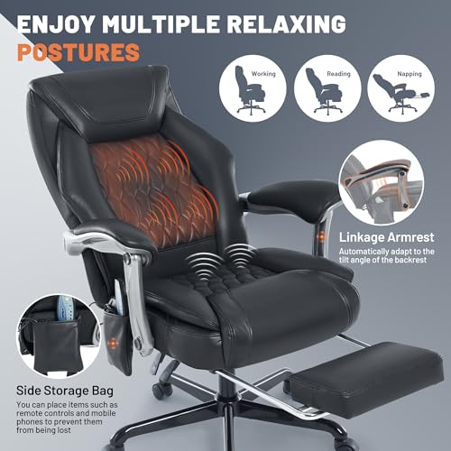 Reclining Office Chair with Massage, Ergonomic Executive Desk Chair | PU Leather Computer Chair with Heat & Footrest, 6-Point Vibrations, Padded Seat for Comfort & Stress Relief & Relaxation