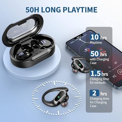 Wireless Earbuds, 2026 Bluetooth 5.4 Headphones Sport, 60Hrs HiFi Stereo Deep Bass Over-Ear buds with ENC Noise Cancelling Mic, IP7 Waterproof & LED Display Earphones with Earhooks for Workout/Running - color: Light Black