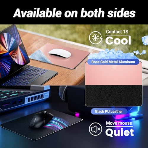 HONKID Metal Aluminum Mouse Pad Pink, Office and Gaming Thin Hard Mouse Mat Double Sided Waterproof Fast and Accurate Control Mousepad for Laptop, Computer and PC,9.06"x7.08",Rose Gold - color: Rose gold, size: 9.1L x 7.1W inches
