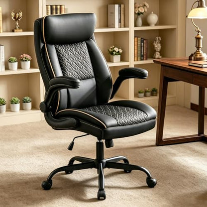 Leather Executive Office Chair, Computer Desk Chair with Lumbar Support, Comfortable Home Office Chairs 400lbs with Padded Flip-up Armrests, Height Adjustable, Tilting Function, Black - color: Black