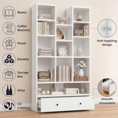 PUKAMI 65" Tall Bookshelf with Drawers, 4-Tier Open Display Bookcase with 11 Storage Cubes, Modern Freestanding Organizer for Living Room Home Office, White - color: White