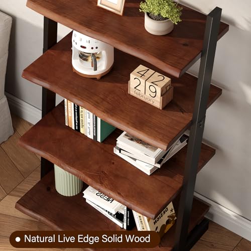 IBF 4-Tier Solid Wood Ladder Bookshelf with Natural Live Edge | Rustic Walnut Storage & Display Leaning Bookcase, Modern Space-Saving Shelf for Living Room, Bedroom, Home Office - size: 4 Tier