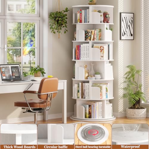 Aheaplus 5 Tier Wood Rotating Bookshelf, 360° Spinning Book Shelf Tower - color: White, size: 6-Tier