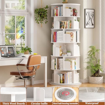 Aheaplus 5 Tier Wood Rotating Bookshelf, 360° Spinning Book Shelf Tower - color: White, size: 6-Tier