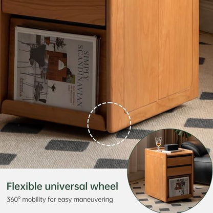 YESWOOD Solid Cherry Wood Side Table with Wheels, Narrow Side Tables with Storage Drawers, Rolling Wood Nightstand for Bedroom Living Room Study(Cherry Color, 22.76" H)