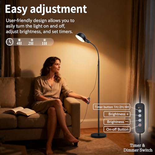 Ruiever Floor Lamp with Flexible Gooseneck and Height Adjustable，Standing Lamp Include Dimmer LED Bulb，Ideal Tall Lamp with Dimmer and Timer Switch for Reading,Bedside and Living Room (Black) - color: Black