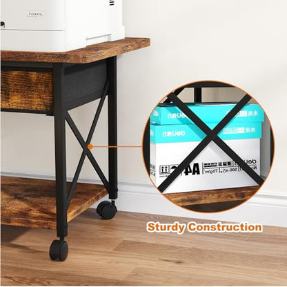 EasyCom Large Printer Stand with Fabric Storage Drawer and Locking Wheels - color: Rustic Brown, size: Large