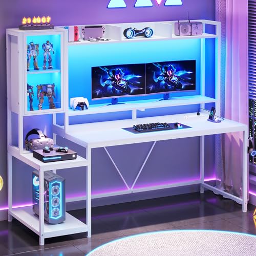 SEDETA 60'' Gaming Desk with Storage, Hutch, Display Cabinet and LED Lights - color: White