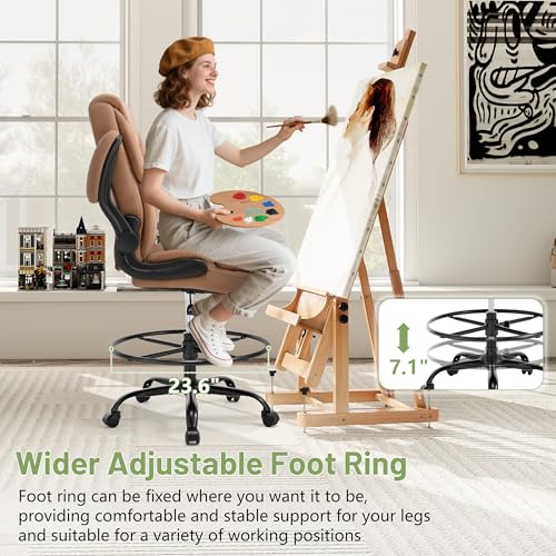 500LBS Drafting Chair, High Back Safer Standing Desk Chair, Executive Tall Office Chair with Flip-up Armrests, Upholstered PU Leather Task Chair, Ergonomic Seat with Adjustable Height&Foot Ring, Brown - color: Brown