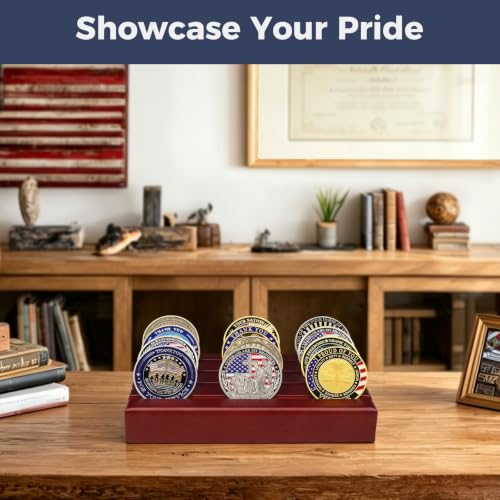 ASmileIndeep Military Challenge Coin Display Holder, Solid Wood Stand Holds 12 Coins, 4 Rows Desktop Rack for Coin Collections, Red - color: Mahogany, size: Small