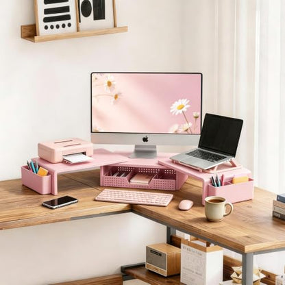 LEKETREE Dual Monitor Stand Riser with Drawer and 2 Pen Holders, Pink - color: Pink