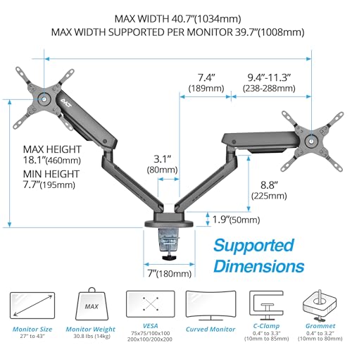 AVLT Dual 27”-43” RGB Gaming Monitor Arm Desk Mount -Dark Gray | 20 Lighting Modes Touch Button Control Fits Flat/Curved/Ultrawide Screen Height Swivel Tilt Rotation Adjustable Monitor - color: Dark Gray - Dual