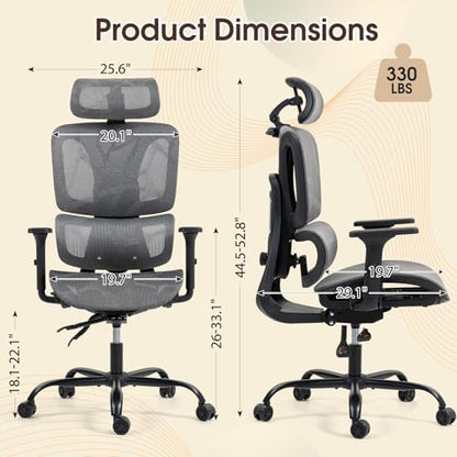 Grey Ergonomic High Back Mesh Office Chair | Lumbar Support, Adjustable Headrest, 3D Armrests, Reclining, Home/Office/Gaming, 330LBS - color: Grey, style: Upgrade w/o footrest