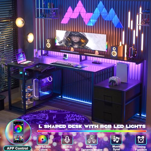 Aheaplus L Shaped Desk with File Drawer, Reversible L Shaped Gaming Desk - color: Black