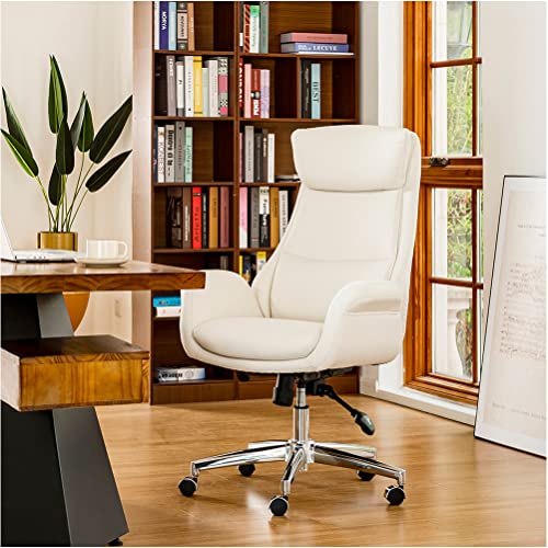 Glitzhome Modern Executive Home High-Back Office Chair - Leather Adjustable Swivel Desk Chair with Armrest(Cream) - color: Cream