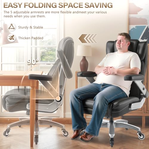 650LBS Large Heavy Duty Executive Office Chair with 5D Flip Arms and Pocket Spring Cushion, Ergonomic Big and Tall Desk Chair with Lumbar Support,High Back PU Leather Computer Chair - color: Pu Leather-black