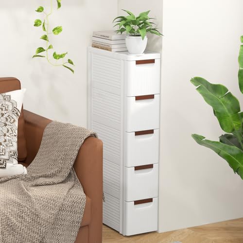 POWERSTONE 5-Drawer Plastic Storage Cart, Narrow Organizer Rolling Cart with 4 Wheels, Space-Saving Slim Mobile Utility for Bathroom, Office & Classroom - size: 36"H 5 Drawer