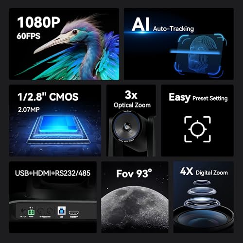 Tenveo AI Auto-Tracking PTZ Camera 3X Optical + 4X Digital Zoom, USB3.0/HDMI/RS232, 93° Wide-Angle for Video Conferencing, Business Meetings, Live Streaming, Church, Worship, Zoom, Teams, OBS - color: Obsidian