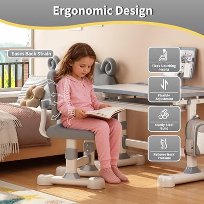 Kids Adjustable Desk and Chair Set 3-12, Children School Study Desk-11GREY | Height Adjustable | 50° Tilt Desktop | Book Stand & Metal Hook & Storage Drawer | Writing Drawing Table for Boys and Girls - color: 110-grey-27.5in