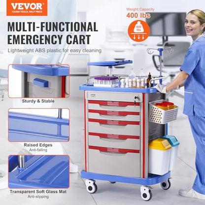 VEVOR Medical Crash Cart, Nursing Emergency Rolling Cart with 5 Drawers & 4 Silent Wheels, Adjust IV Pole, Needle Disposal Holder, Trash Bin, O2 Holder, Mobile Trolley for Hospital, Clinic, Lab, Salon - color: Grey + Blue