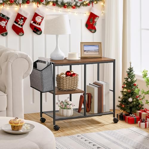 MAHANCRIS Printer Stand with Storage Bag, 3-Tier Mobile Under Desk Printer Cart with Wheels, Wood Rolling Printer Table, Organizer Shelf for Study, Office, Living Room, Rustic Brown PTHR2201 - color: Rustic Brown