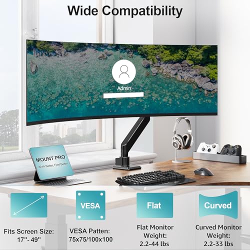 MOUNT PRO Heavy Duty Monitor Arm for 49 inch Ultrawide Screen up to 44 lbs, Single Desk Computer Mount Curved Monitor Stand for Samsung Odyssey G9, Adjustable Gas Spring VESA Mount 75x75 100x100 - size: Max 49", style: Single