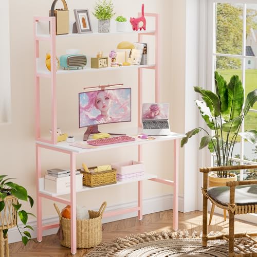 Aquzee 40 Inch Pink Desk with Shelves, Computer Desk with Hutch - color: Pink, size: 40inch