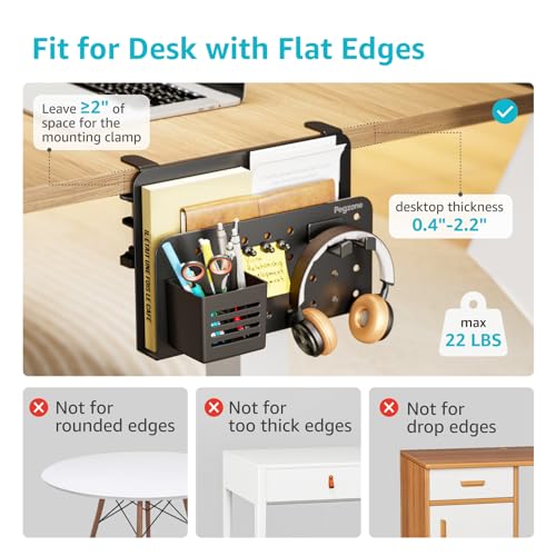 PEGZONE Desk Side Storage Organizer, Fits Flat Edge 0.4" to 2.2", Black | No Drill Under Desk Laptop Holder, Clamp on Desks Shelf with Pegboard Accessories, Hanging Laptop Mount - color: Black