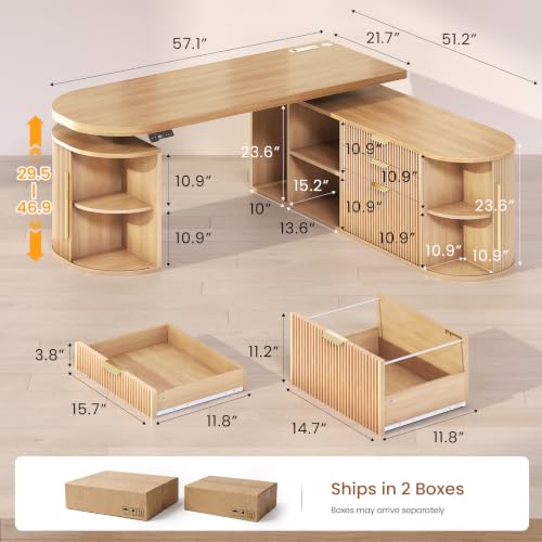 SEDETA 57" L Shaped Standing Desk with Storage, Electric Height Adjustable Curved Executive Desk, Fluted Desk with Drawers & Power Strip for Home Office, Light Oak - color: Light Oak, size: 57" L Shaped Standing Desk
