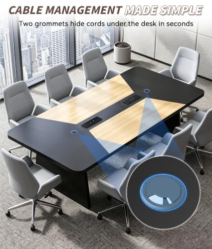 Ceridwen 8FT Conference Table, Rectangular Boardroom Table with Built-in Power & USB-C Ports, Heavy-Duty Meeting Table with Thick Tabletop & Trapezoid Legs for Office Conference Room - color: Natural Wood