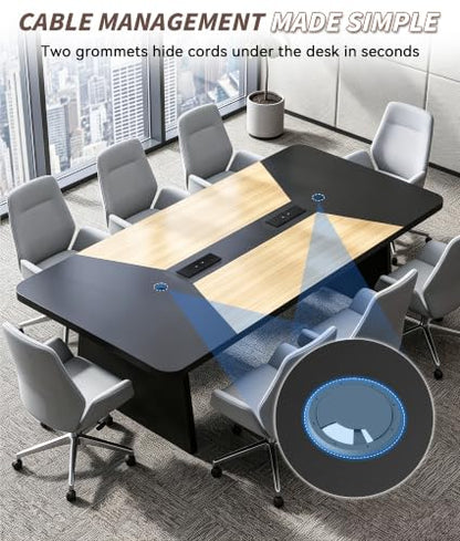 Ceridwen 8FT Conference Table, Rectangular Boardroom Table with Built-in Power & USB-C Ports, Heavy-Duty Meeting Table with Thick Tabletop & Trapezoid Legs for Office Conference Room - color: Natural Wood