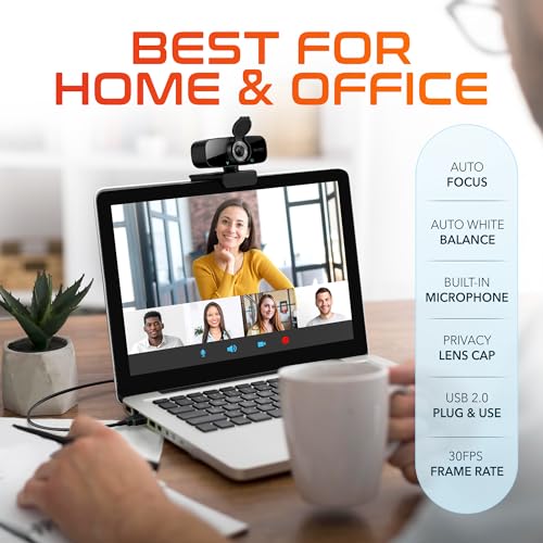 Delton C24 USB Webcam with Microphone, HD 1080p Wired Webcam, 2 Megapixels, Wide Field of View, Auto Focus, Noise Canceling Mic, USB Computer Camera Compatible with Computer/Laptop/iMac - Black