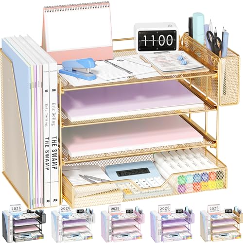 Desk Organizers and Accessories, 4-Tier Desktop File Organizer with Drawer and Pen Holders, Office Desk Accessories Workspace Organizers for Office Supplies (Gold) - color: Gold, size: 4T